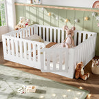 Queen Size Floor Bed with High Fence for Kids, Solid Wood Kids Montessori Bed with Door, low-profile and No Box Spring Needed Design, White.(Patent Protection)