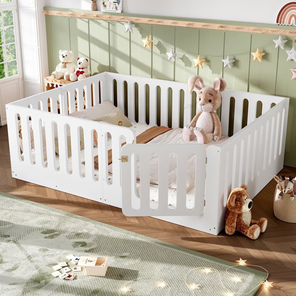 Queen Size Floor Bed with High Fence for Kids, Solid Wood Kids Montessori Bed with Door, low-profile and No Box Spring Needed Design, White.(Patent Protection)
