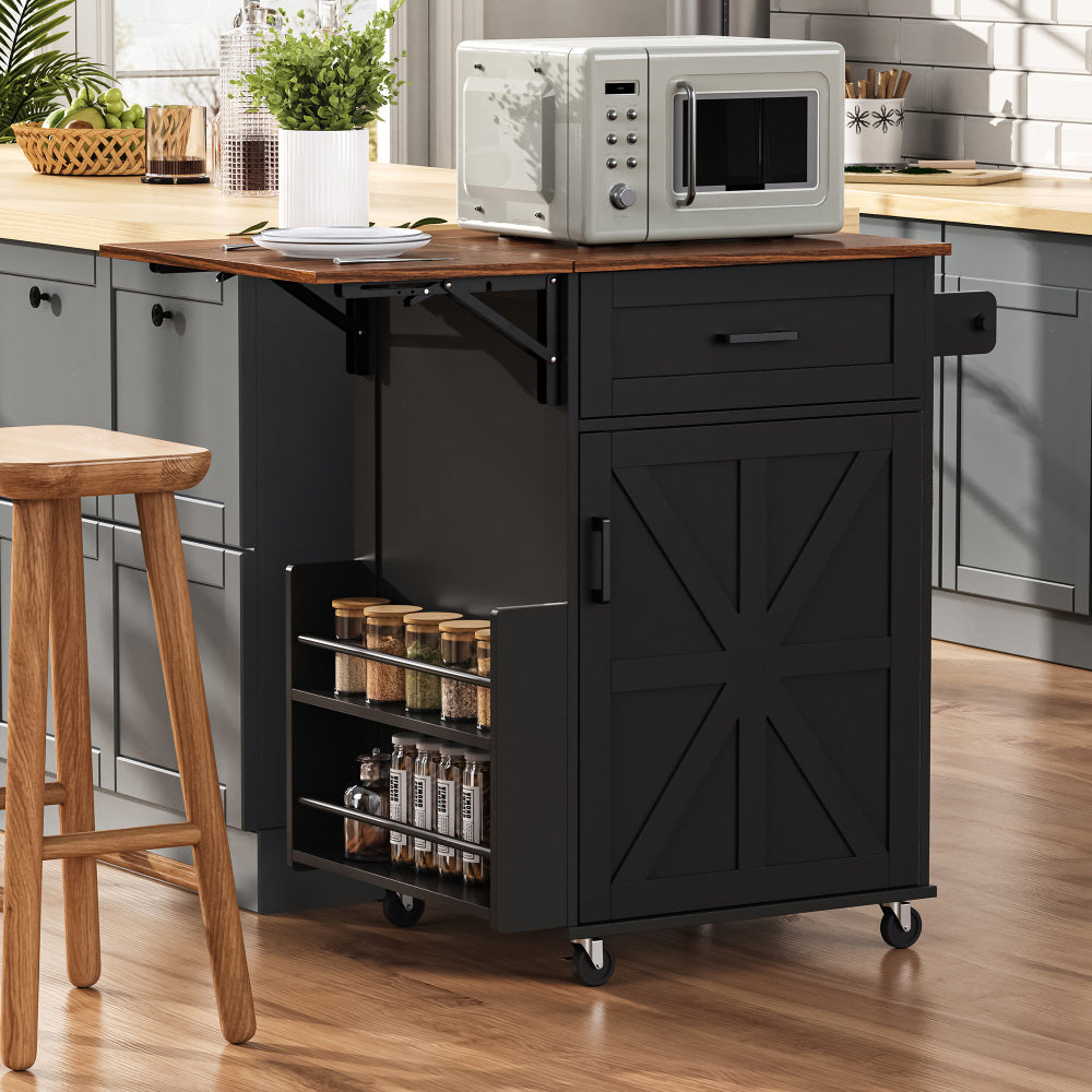 K&K 39.3" Farmhouse Kitchen Island with Drop Leaf, Kitchen Storage Island with Open Side Rack, One Drawer, Towel Rack, Rolling Kitchen Cart with Lockable Wheels for Lawn Garden, Black