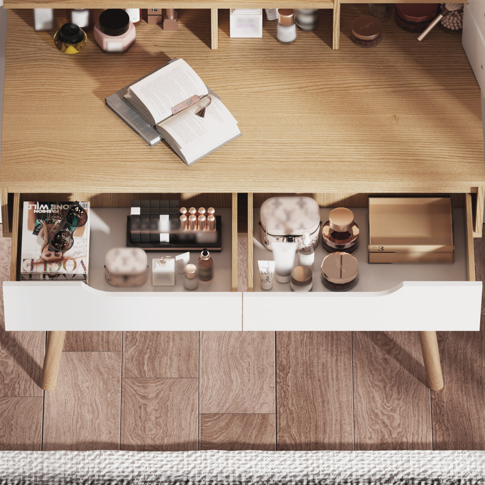 Makeup Vanity Desk with 3 Adjustable Lighted Mirror with solid wood table feet , Dressing Table Set with 4 drawers and 3 open shelves  for Small space Bedroom