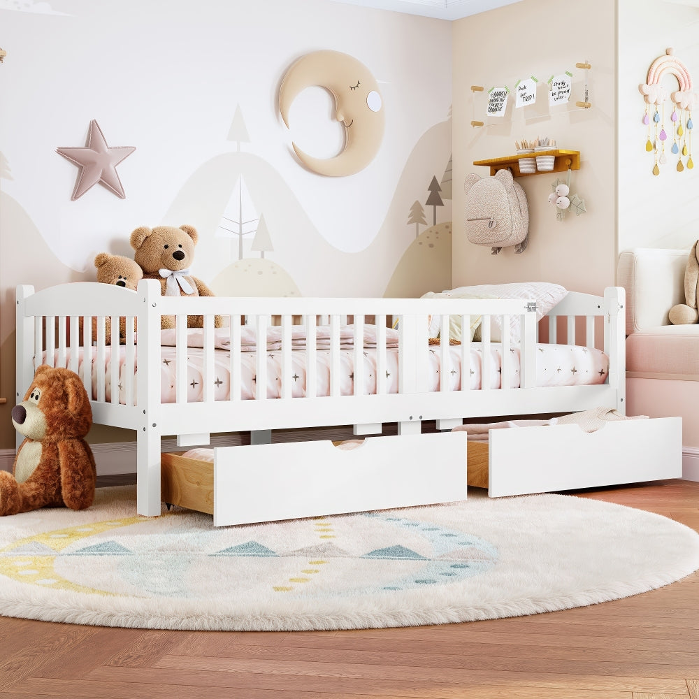 Twin Platform Bed with Full-length Guardrails, Kids Platform Bed with Storage Drawers, Childlike and Cute Headboard Design, Pink