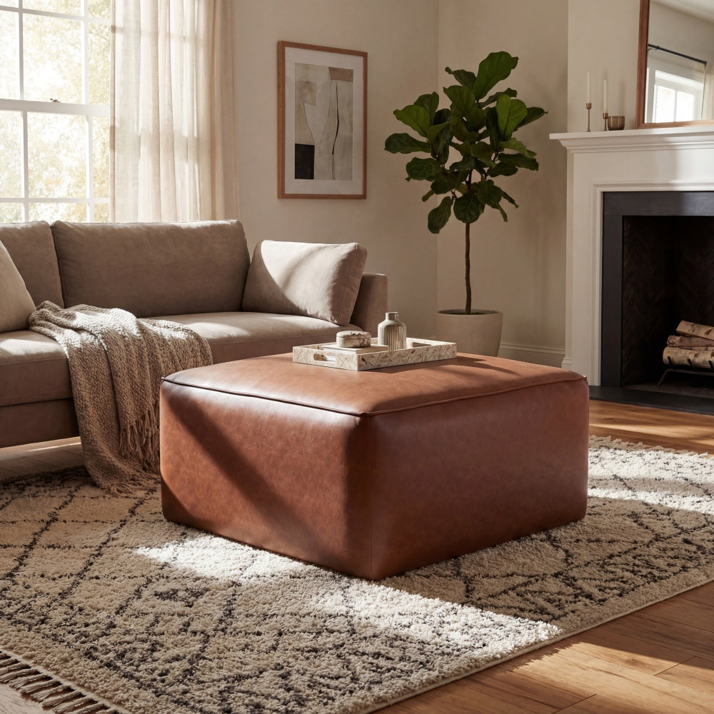 Upholstered Square PU Leather Ottoman,Brown (old sku N757P180768O)