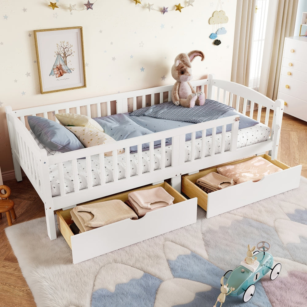 Twin Platform Bed with Full-length Guardrails, Kids Platform Bed with Storage Drawers, Childlike and Cute Headboard Design, Pink