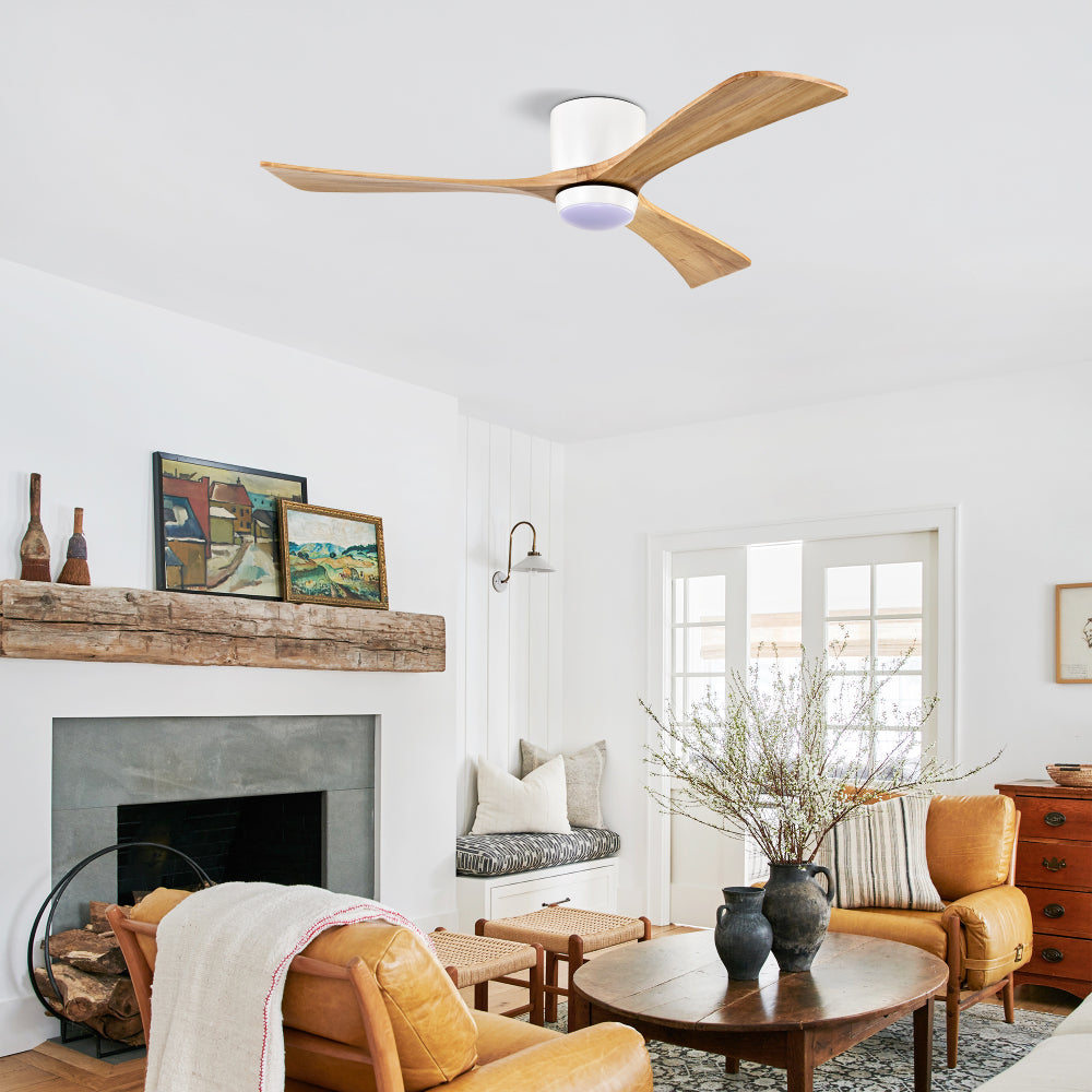 52" Flush Mount Solid Wood Blades Ceiling Fan with Lights Remote Control,Quiet DC Motor, 6 Speed ,Reversible Ceiling Fan for Patio Living Room, Bedroom, Office,Indoor.(Matte White +Natural)