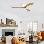 52" Flush Mount Solid Wood Blades Ceiling Fan with Lights Remote Control,Quiet DC Motor, 6 Speed ,Reversible Ceiling Fan for Patio Living Room, Bedroom, Office,Indoor.(Matte White +Natural)