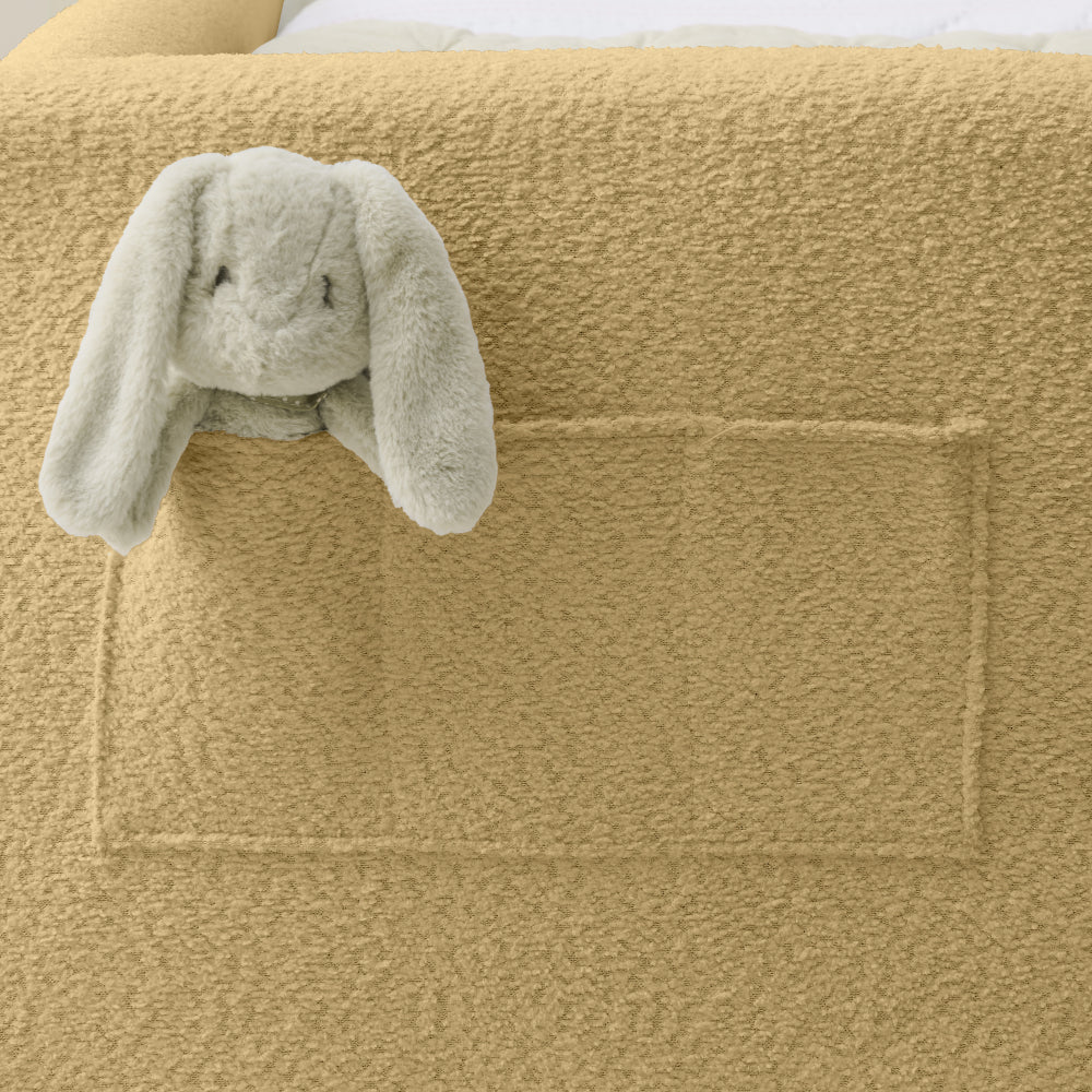 Twin Size Upholstered Platform Bed with Cute Rabbit Ear Shaped Headboard, with Safety Rail and Pocket, Boucle Fabric