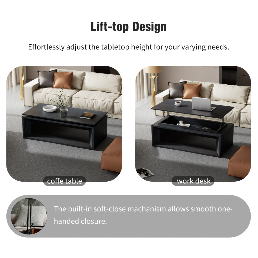 43.3'' Lift Top Rectangle Coffee Table with Storage, Modern Wood Veneer MDF Coffee Table with Floating Tabletop, Convertible Rising Tabletop for Living Room, Home Office, Black
