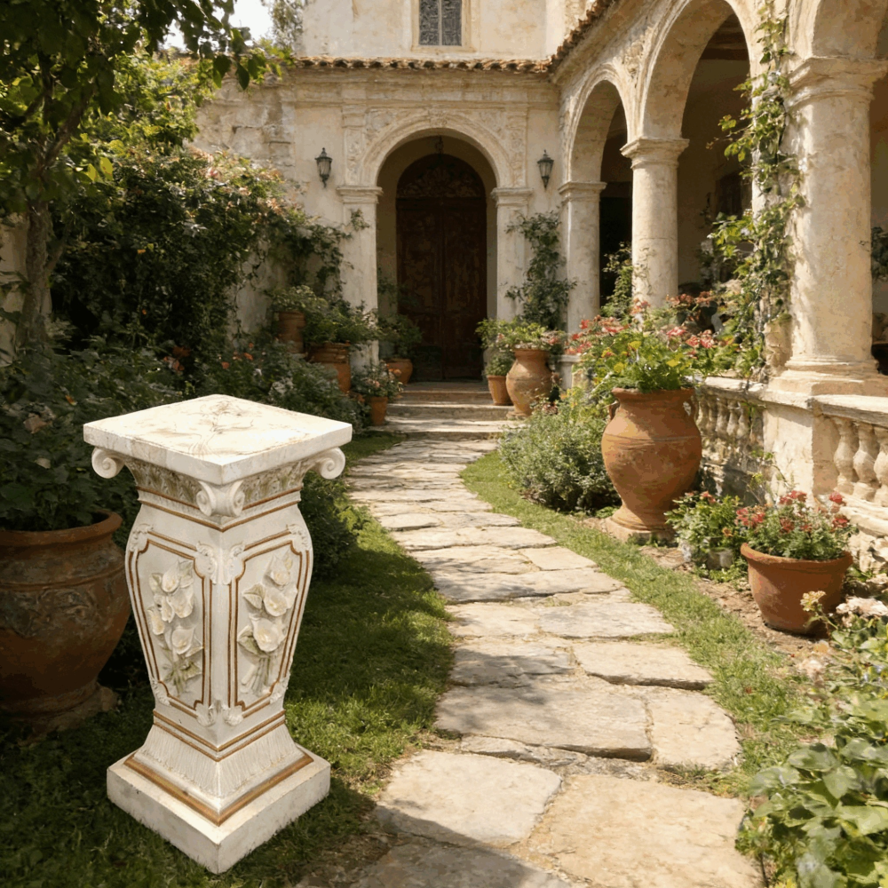 22.05" H x 9.06" W European Style Floral Carved Roman Column Pedestal, Resin Decorative Pillar, Elegant Garden & Courtyard Display Stand for Statues & Ornaments