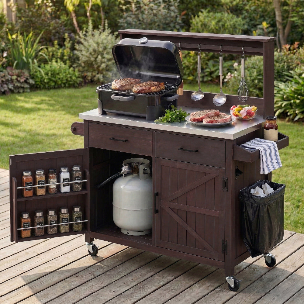 K&K 54.1" Outdoor Kitchen Island with High Shelf, Large Outdoor Potting Bench Table with Stainless Steel Top and Storage Cabinet, Solid Wood Grill Cart With Lockable Wheels for BBQ, Garden, Brown