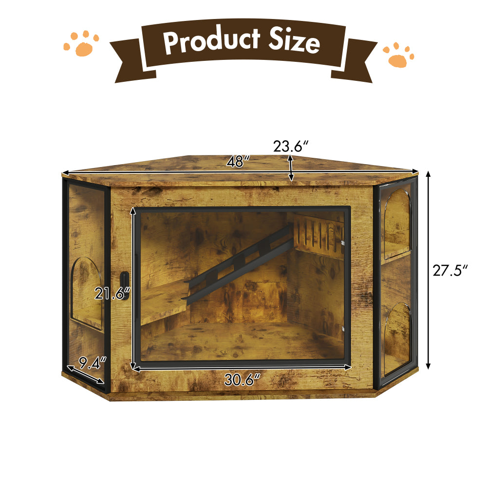48" Corner Cat Litter Box Enclosure, Modern Hidden Litter Box Corner Cabinet with Acrylic Door and LED Light, Cat House with Playground and Stairs, Tiger