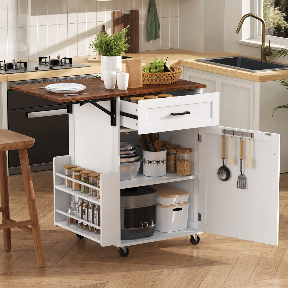 K&K 39.3" Farmhouse Kitchen Island with Drop Leaf, Kitchen Storage Island with Open Side Rack, One Drawer, Towel Rack, Rolling Kitchen Cart with Lockable Wheels for Lawn Garden, Black