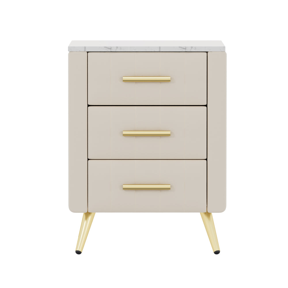 Upholstered Wooden Nightstand with 3 Drawers and Metal Legs&Handles, Bedside Table with Marbling Stickers Worktop - Beige