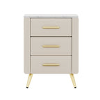 Upholstered Wooden Nightstand with 3 Drawers and Metal Legs&Handles, Bedside Table with Marbling Stickers Worktop - Beige