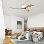 52" Flush Mount Solid Wood Blades Ceiling Fan with Lights Remote Control,Quiet DC Motor, 6 Speed ,Reversible Ceiling Fan for Patio Living Room, Bedroom, Office,Indoor.(Matte White +Natural)