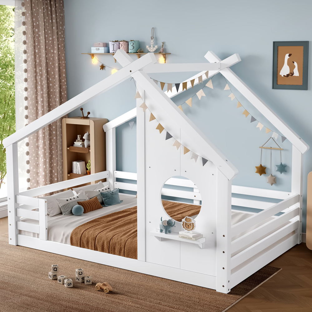 Full House Floor Bed with Window and a Small Shelf, Solid Wood Floor Bed with House-shaped Roof, No Spring Box Needed,Natural