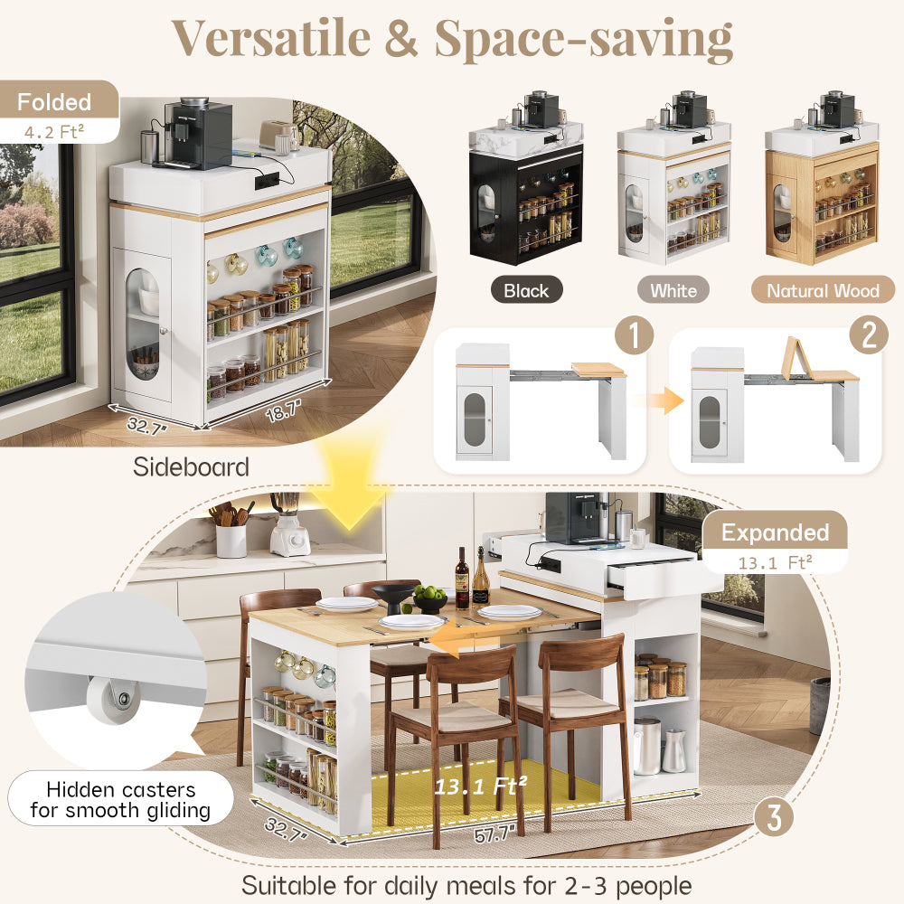 [VIDEO] TREXM Extendable Dining Table with Folding Tabletop, Bar Table with Drawers and Power Outlet, Kitchen Island with Wheels and Hooks, Sideboard for Kitchen and Dining Room (Creamy White+Natural)
