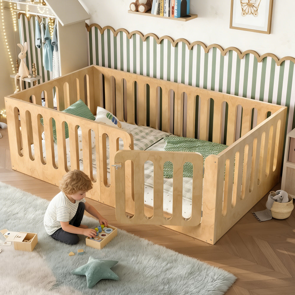 Queen Size Floor Bed with High Fence for Kids, Solid Wood Kids Montessori Bed with Door, low-profile and No Box Spring Needed Design, White.(Patent Protection)