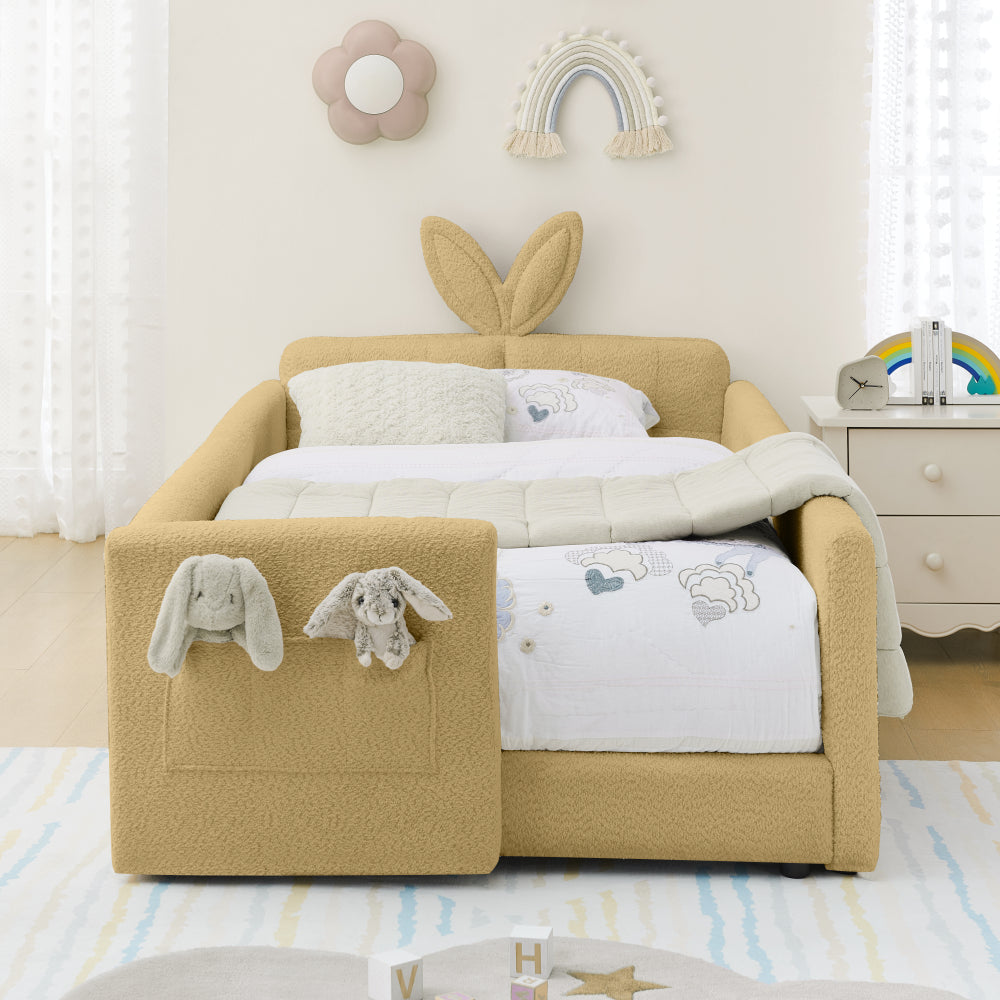 Twin Size Upholstered Platform Bed with Cute Rabbit Ear Shaped Headboard, with Safety Rail and Pocket, Boucle Fabric