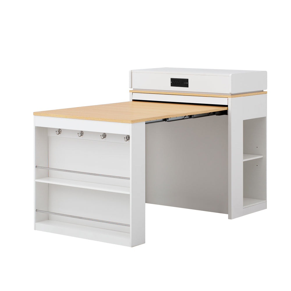 [VIDEO] TREXM Extendable Dining Table with Folding Tabletop, Bar Table with Drawers and Power Outlet, Kitchen Island with Wheels and Hooks, Sideboard for Kitchen and Dining Room (Creamy White+Natural)