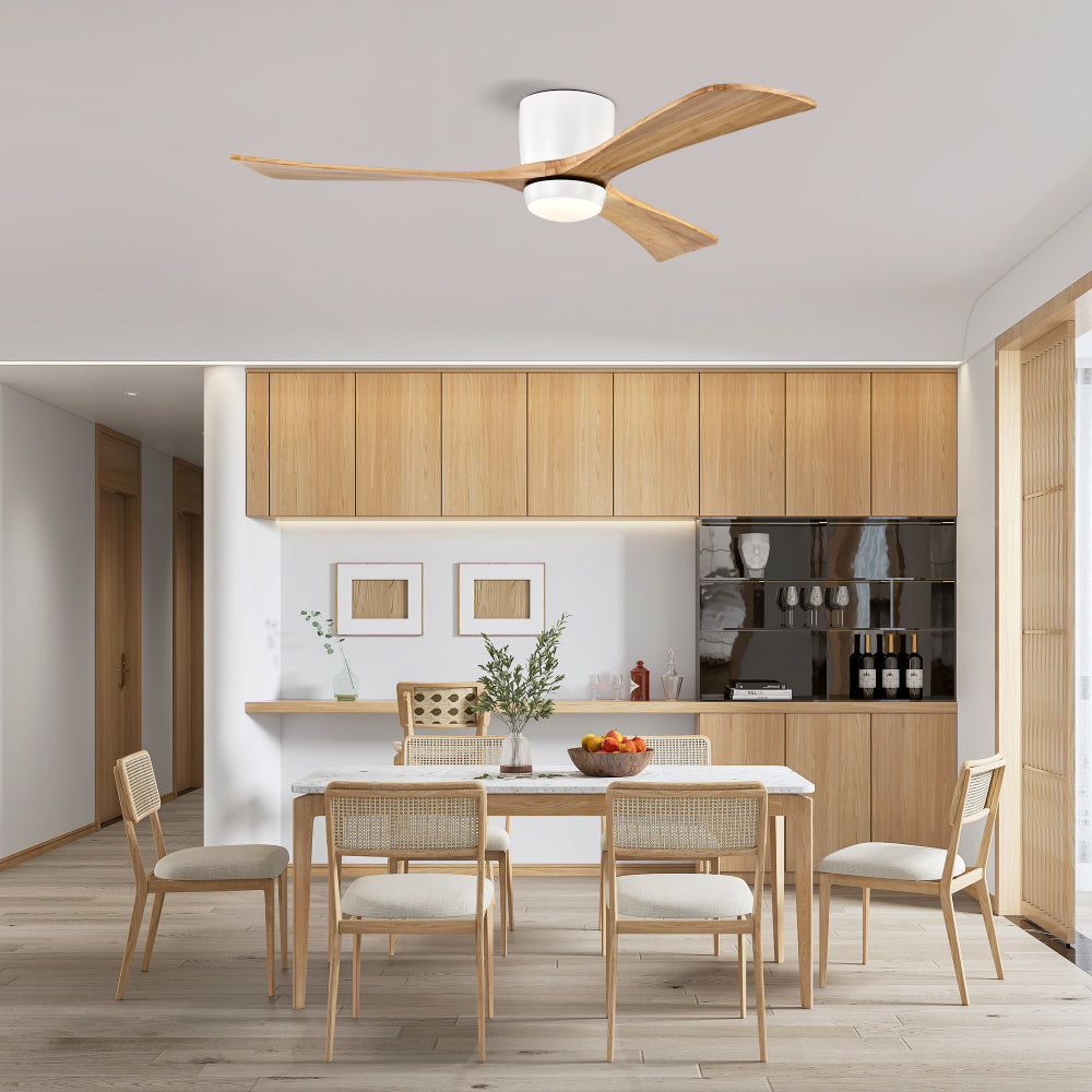 52" Flush Mount Solid Wood Blades Ceiling Fan with Lights Remote Control,Quiet DC Motor, 6 Speed ,Reversible Ceiling Fan for Patio Living Room, Bedroom, Office,Indoor.(Matte White +Natural)