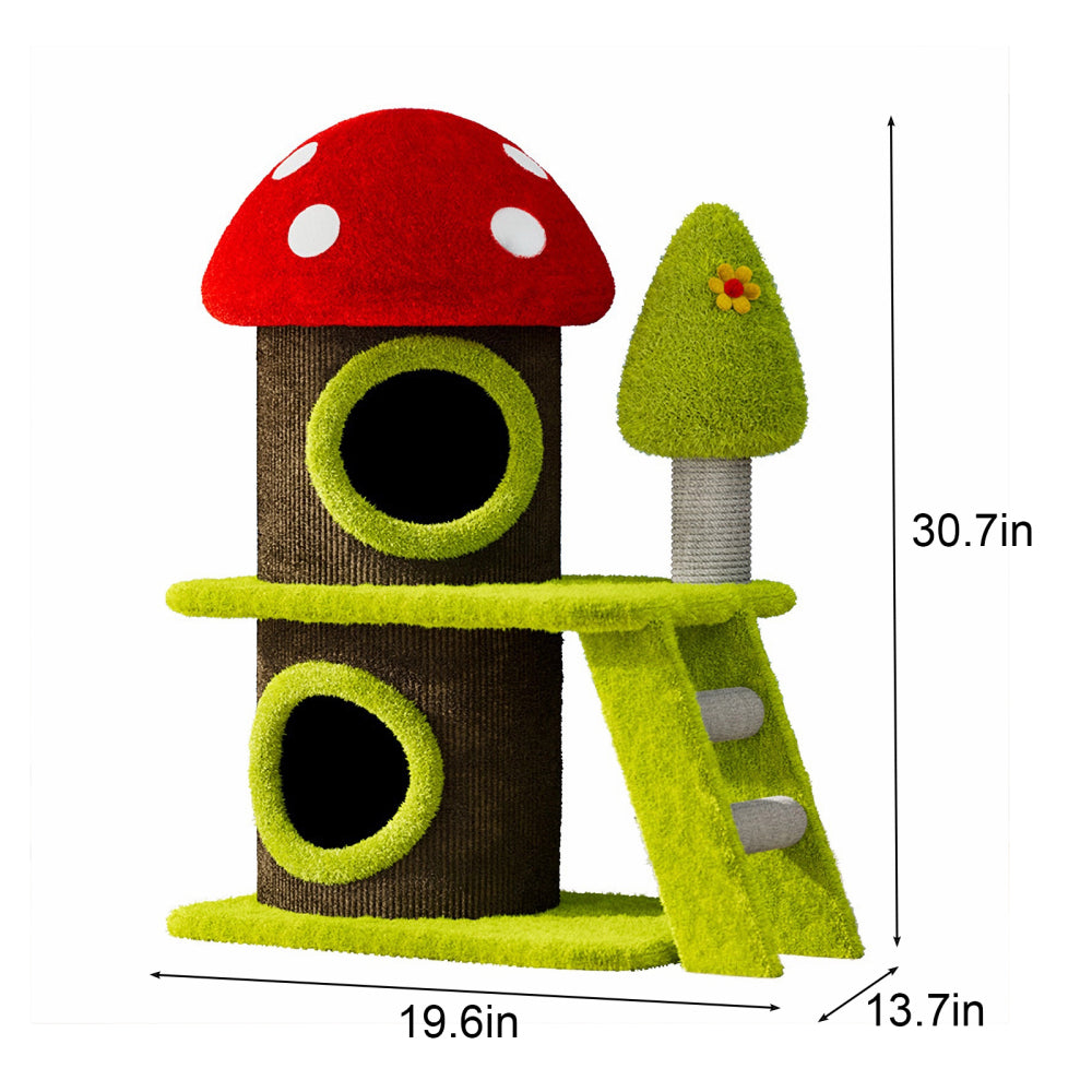 30.7" Modern Cat Tree Tower with Mushroom-Themed Cat House and Sisal Scratching Posts, Suitable for Indoor Use and Multi-Cat Households