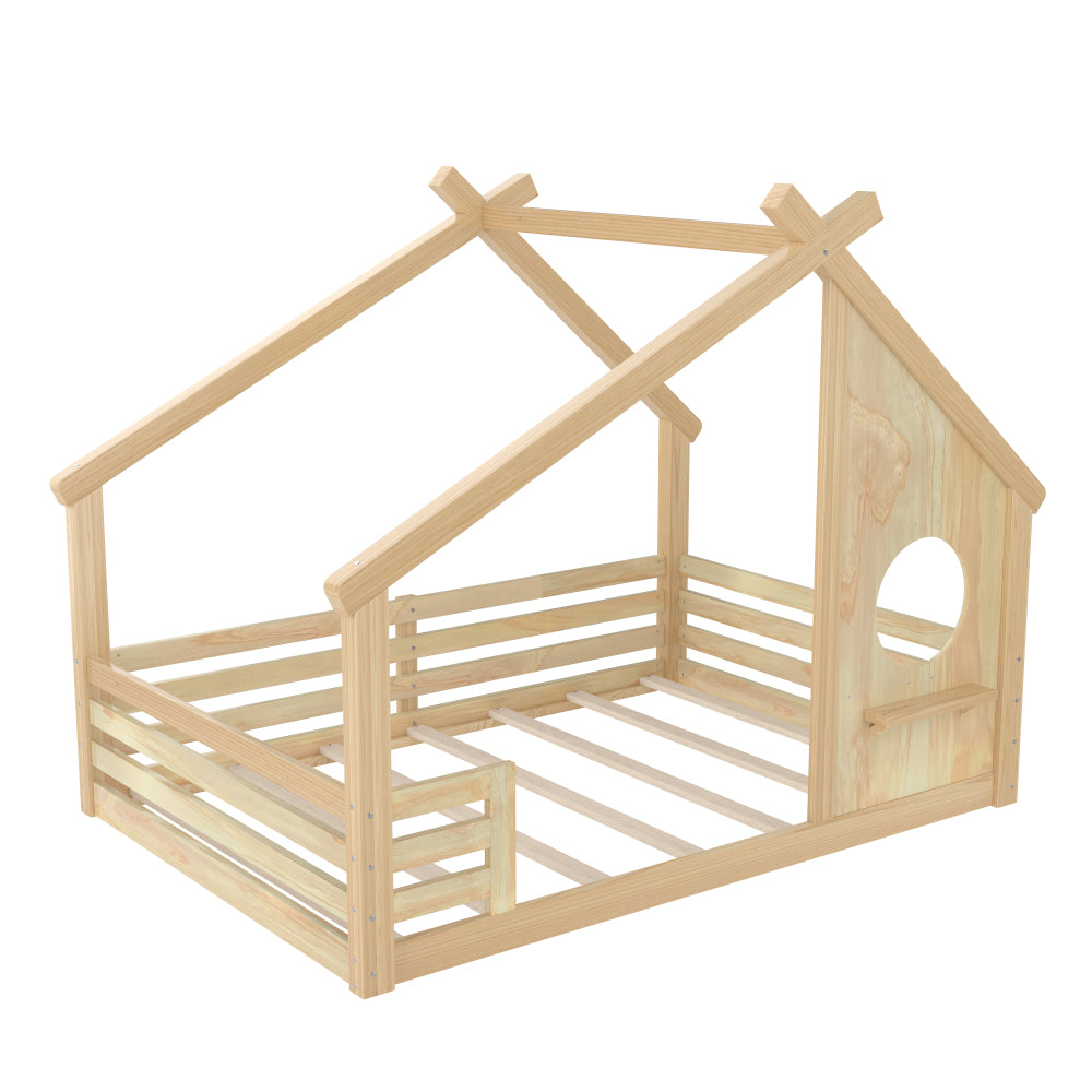 Full House Floor Bed with Window and a Small Shelf, Solid Wood Floor Bed with House-shaped Roof, No Spring Box Needed,Natural