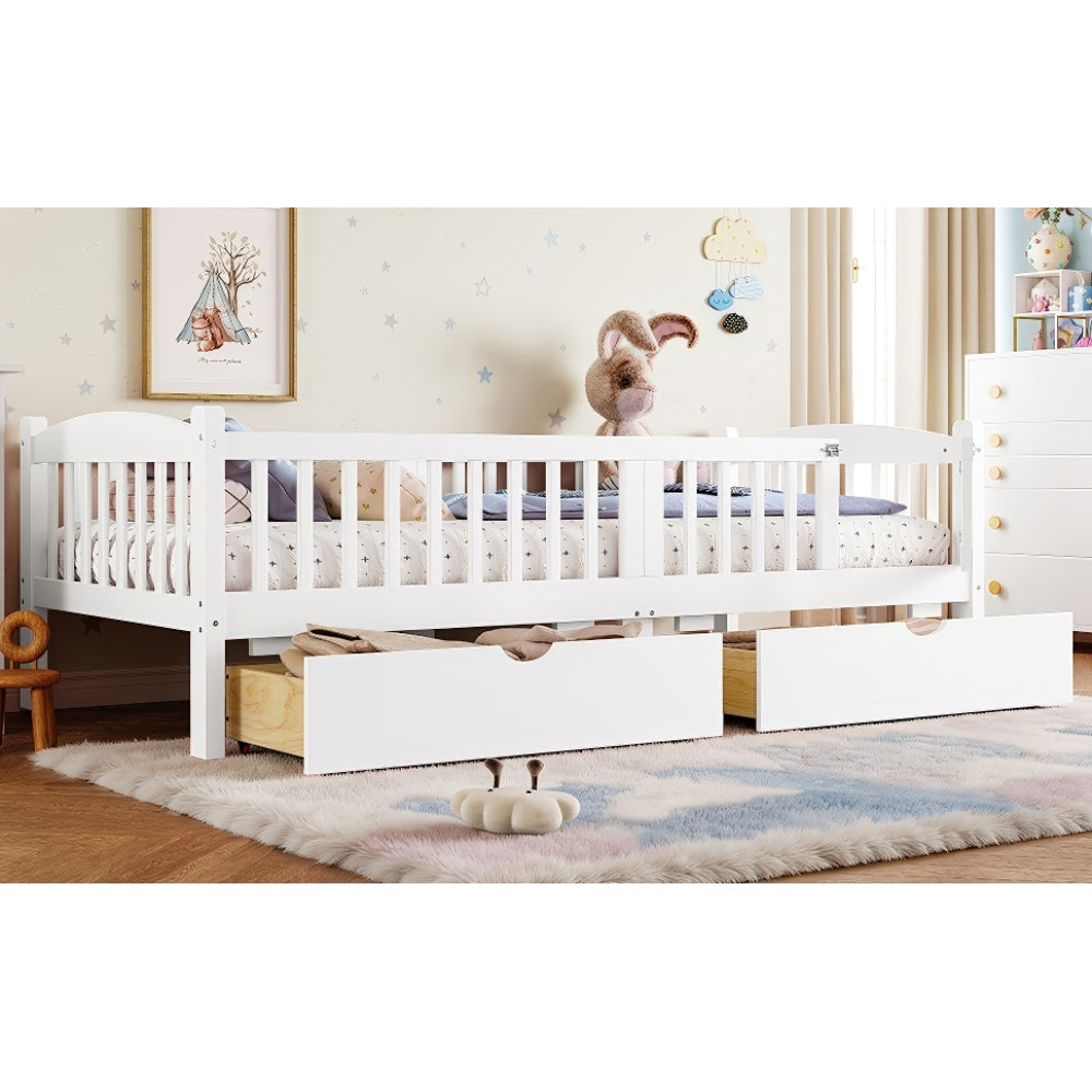 Twin Platform Bed with Full-length Guardrails, Kids Platform Bed with Storage Drawers, Childlike and Cute Headboard Design, Pink