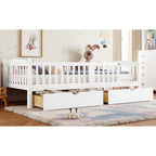Twin Platform Bed with Full-length Guardrails, Kids Platform Bed with Storage Drawers, Childlike and Cute Headboard Design, Pink