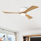 52" Flush Mount Solid Wood Blades Ceiling Fan with Lights Remote Control,Quiet DC Motor, 6 Speed ,Reversible Ceiling Fan for Patio Living Room, Bedroom, Office,Indoor.(Matte White +Natural)