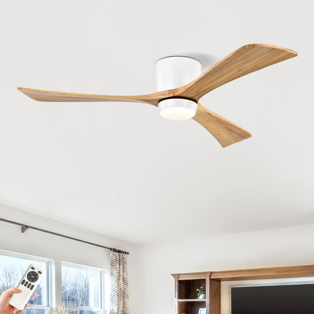 52" Flush Mount Solid Wood Blades Ceiling Fan with Lights Remote Control,Quiet DC Motor, 6 Speed ,Reversible Ceiling Fan for Patio Living Room, Bedroom, Office,Indoor.(Matte White +Natural)