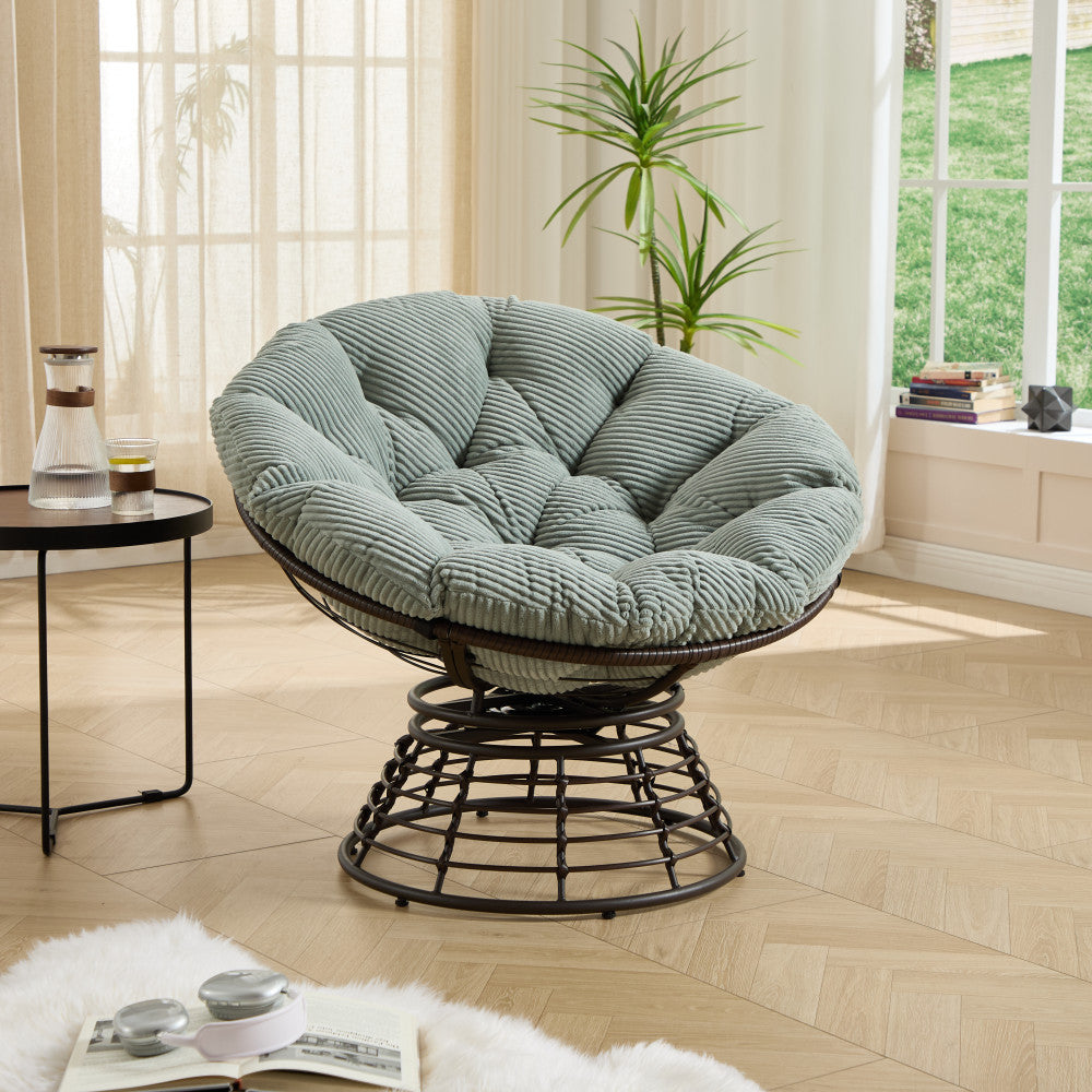 Comfortable Ergonomic Wicker Papasan Chair, 360° Swivel Indoor Outdoor Rattan Chair with Soft Thick Cushion, Ideal for Living Room, Bedroom, Reading Room, Brown Frame with Pink Cushion