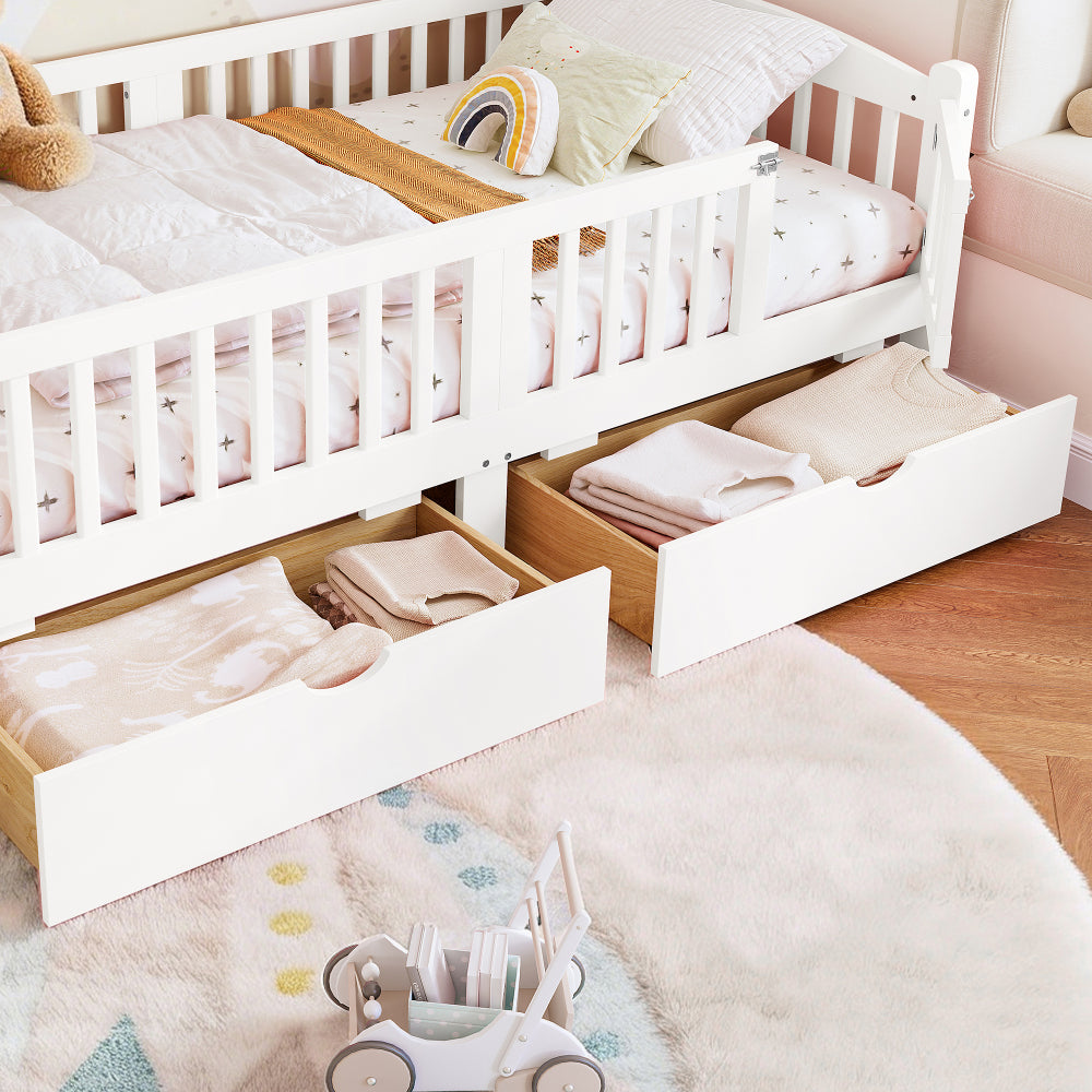 Twin Platform Bed with Full-length Guardrails, Kids Platform Bed with Storage Drawers, Childlike and Cute Headboard Design, Pink