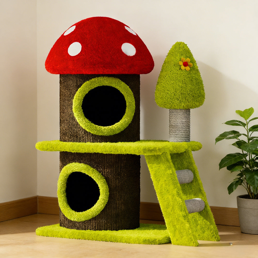 30.7" Modern Cat Tree Tower with Mushroom-Themed Cat House and Sisal Scratching Posts, Suitable for Indoor Use and Multi-Cat Households