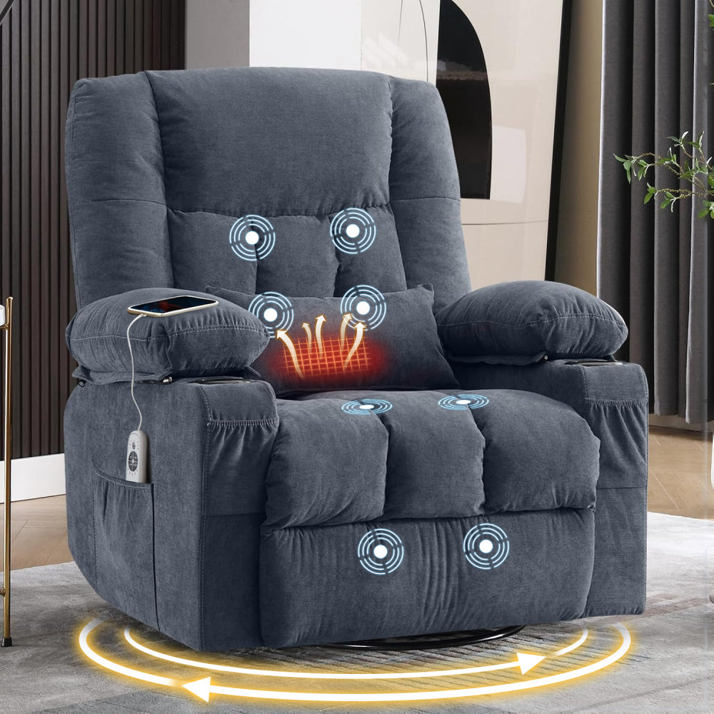 Massage Swivel Rocker Recliner Chair with Vibration Massage and Heat Ergonomic Lounge Chair for Living Room with Rocking Function and Side Pocket, 2 Cup Holders, USB Charge Port