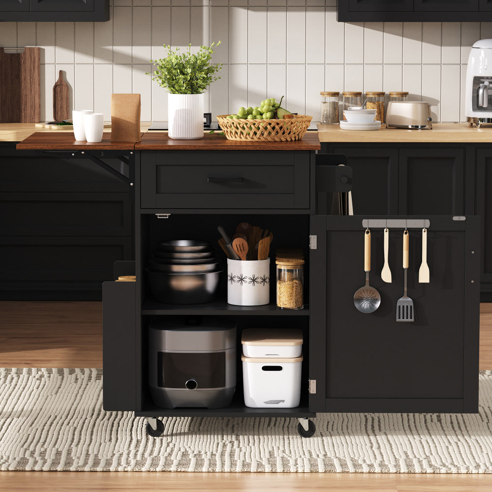 K&K 39.3" Farmhouse Kitchen Island with Drop Leaf, Kitchen Storage Island with Open Side Rack, One Drawer, Towel Rack, Rolling Kitchen Cart with Lockable Wheels for Lawn Garden, Black