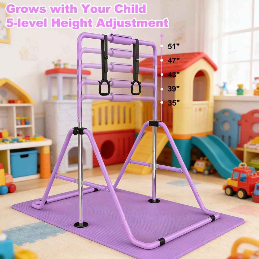 Gymnastics Bar for Kids, Gymnastics Horizontal Bar with Adjustable Height Foldable Training Bar with Mat for Home Practice