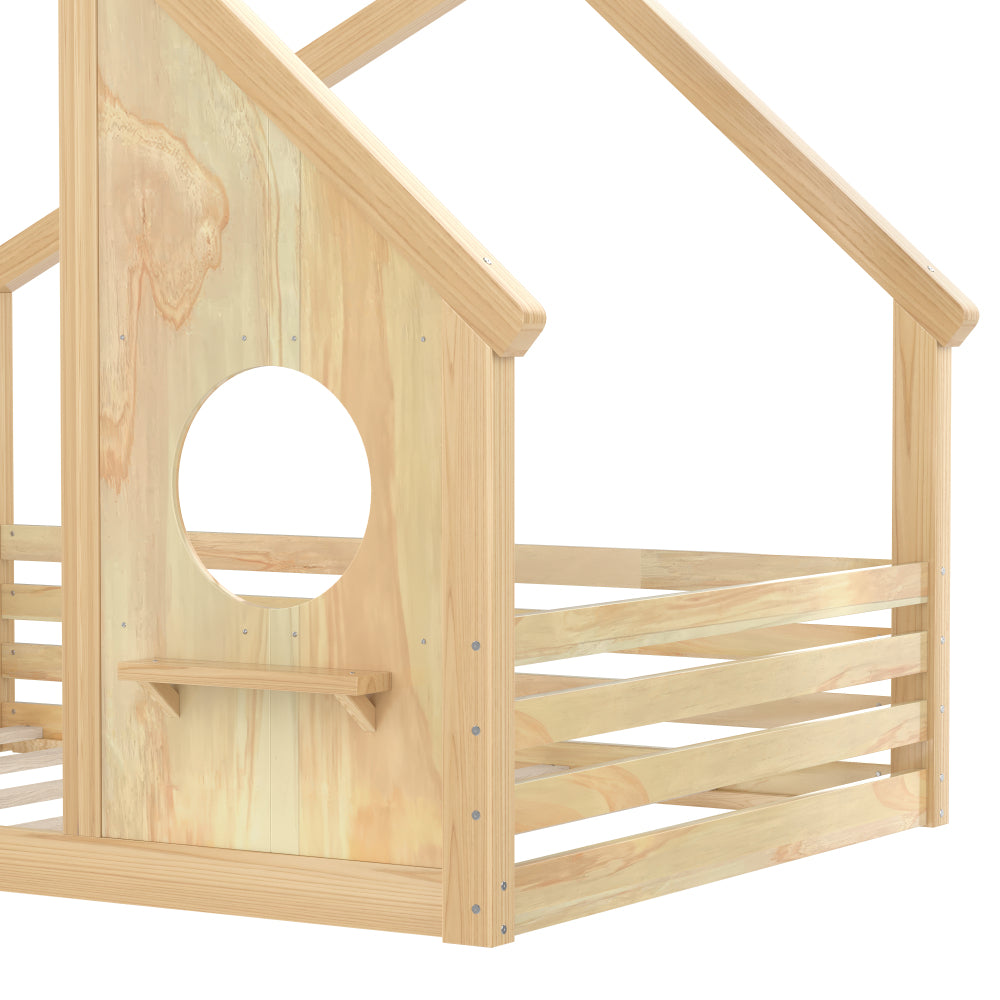Full House Floor Bed with Window and a Small Shelf, Solid Wood Floor Bed with House-shaped Roof, No Spring Box Needed,Natural
