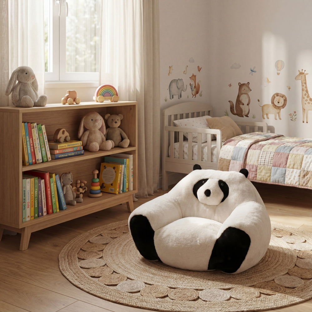 Panda-shaped beanbag chair, crafted from soft plush fabric, suitable for bedrooms, living rooms, and playrooms. Dimensions: 29.65 inches.
