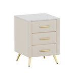Upholstered Wooden Nightstand with 3 Drawers and Metal Legs&Handles, Bedside Table with Marbling Stickers Worktop - Beige