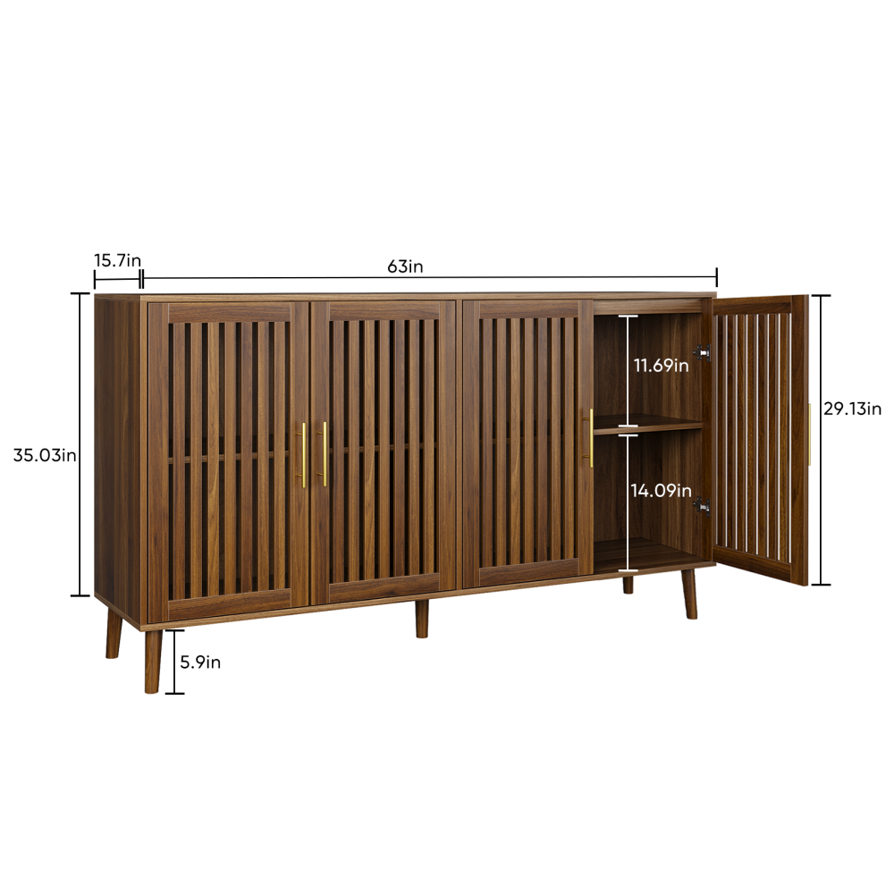 63 inch Walnut Sideboard Buffet Cabinet With Storage ,Grille-Striped 4 Doors Sideboard,Multifunctional Accent Cabinet for Dining Room,Living Room,Entryway,Kitchen