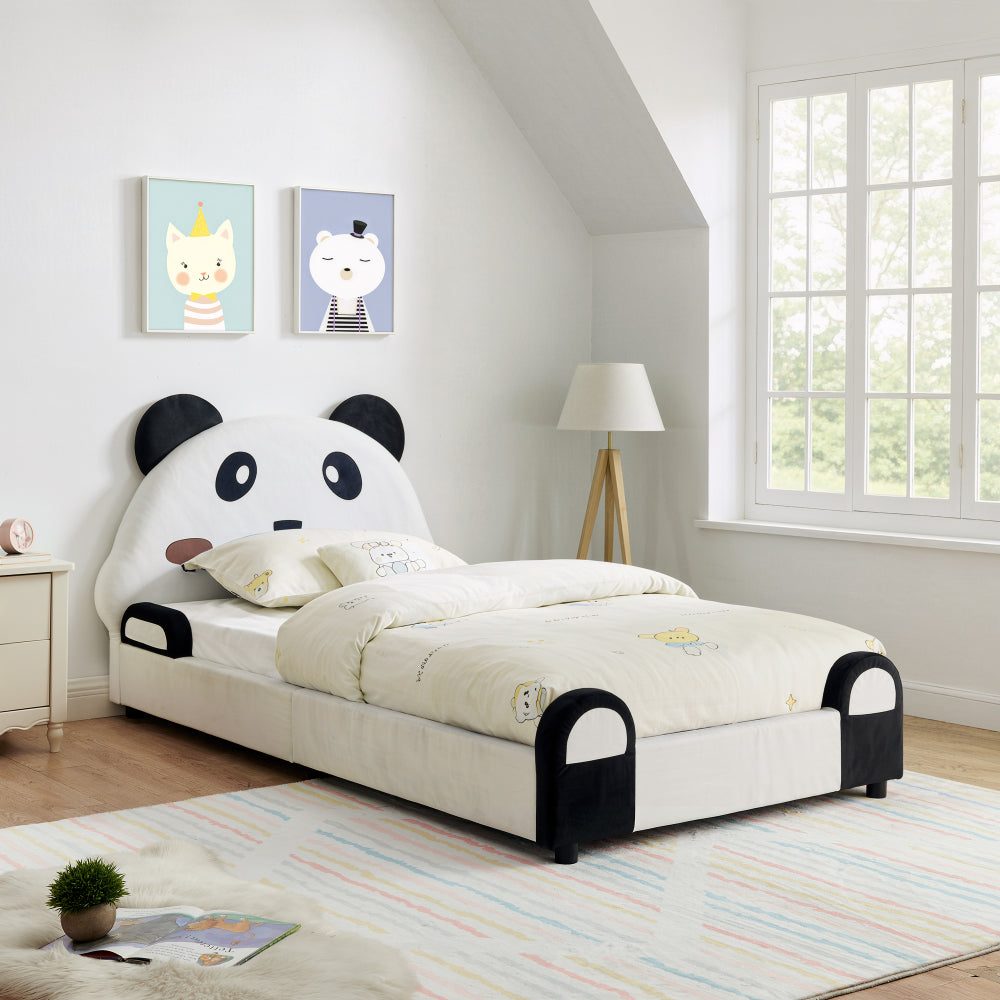 Twin Size Cute Panda-Shaped Kids Bed with Safety Soft Padded Edges, Solid Wood Toddler Bed Frame for Children for Bedroom, Velvet Fabric