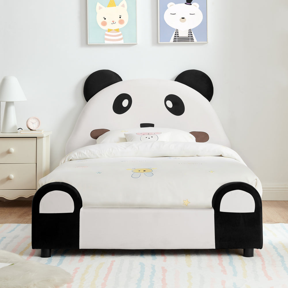 Twin Size Cute Panda-Shaped Kids Bed with Safety Soft Padded Edges, Solid Wood Toddler Bed Frame for Children for Bedroom, Velvet Fabric