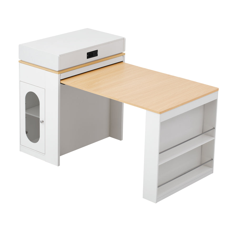 [VIDEO] TREXM Extendable Dining Table with Folding Tabletop, Bar Table with Drawers and Power Outlet, Kitchen Island with Wheels and Hooks, Sideboard for Kitchen and Dining Room (Creamy White+Natural)