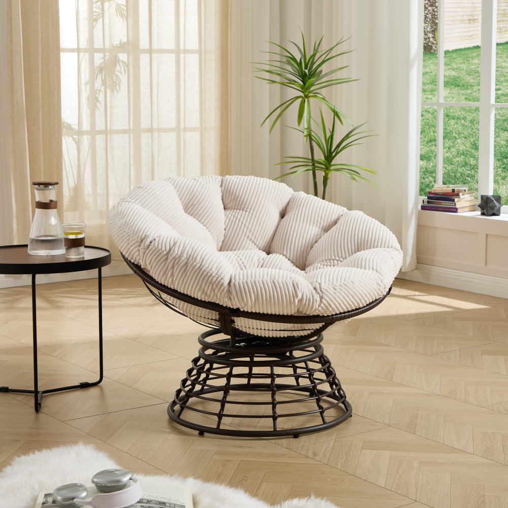 Comfortable Ergonomic Wicker Papasan Chair, 360° Swivel Indoor Outdoor Rattan Chair with Soft Thick Cushion, Ideal for Living Room, Bedroom, Reading Room, Brown Frame with Pink Cushion