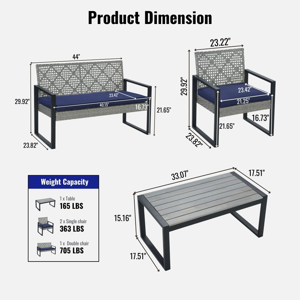 4-Piece Patio Furniture Set Outdoor Balcony Porch Garden Backyard Lawn Furniture Gray Acacia Wood Table Top, Blue Cushion and Light Gray rattan