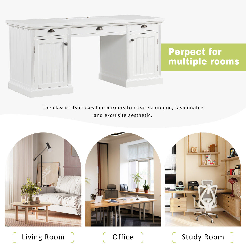 67" Modern Executive Desk,Computer Desk with 2 Glass Doors Storage Cabinet and 3 Drawers, Rectangle Home Office Desk  ,Reading Desk,Writing Table,Workstation for Home Office,Living Room,Study,White