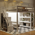 Twin Size Loft Bed with Shelves, Storage Staircase, Small Wardrobe and White LED Light, White