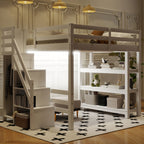 Twin Size Loft Bed with Shelves, Storage Staircase, Small Wardrobe and White LED Light, White
