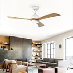 52" Flush Mount Solid Wood Blades Ceiling Fan with Lights Remote Control,Quiet DC Motor, 6 Speed ,Reversible Ceiling Fan for Patio Living Room, Bedroom, Office,Indoor.(Matte White +Natural)