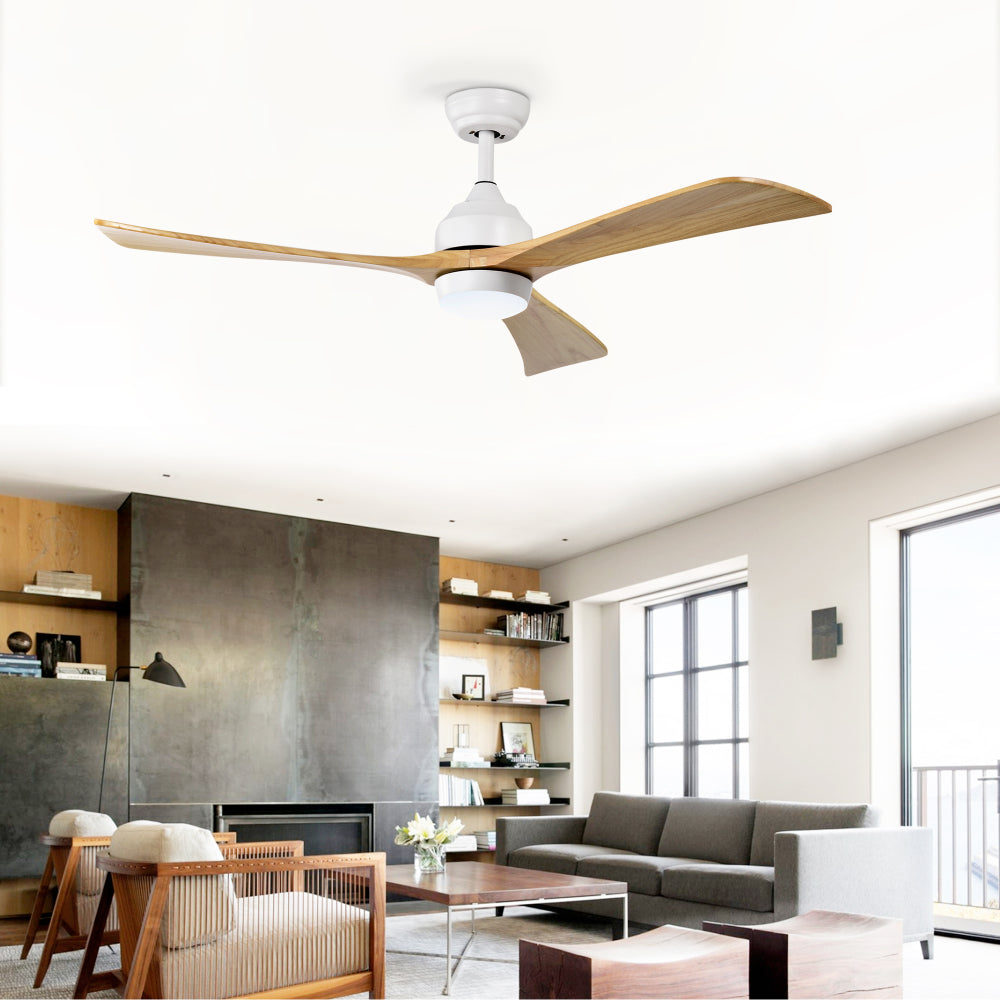 52" Flush Mount Solid Wood Blades Ceiling Fan with Lights Remote Control,Quiet DC Motor, 6 Speed ,Reversible Ceiling Fan for Patio Living Room, Bedroom, Office,Indoor.(Matte White +Natural)